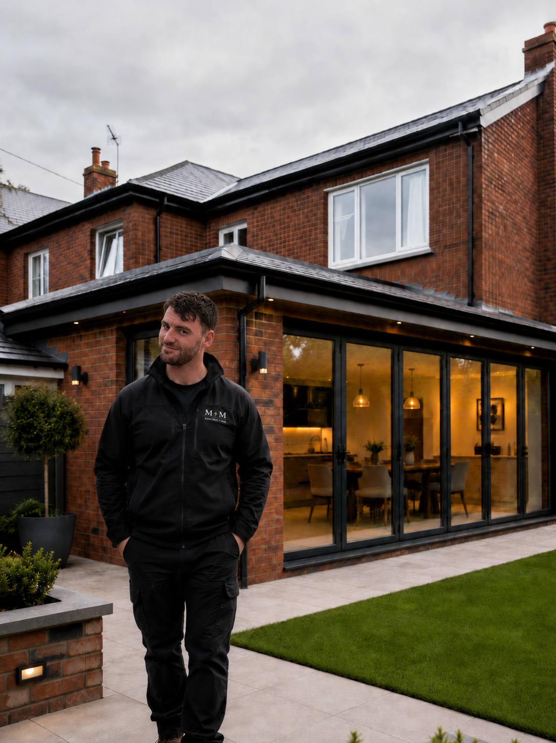 Completed rear extension on a Belfast red-brick home by MplusM Contracts